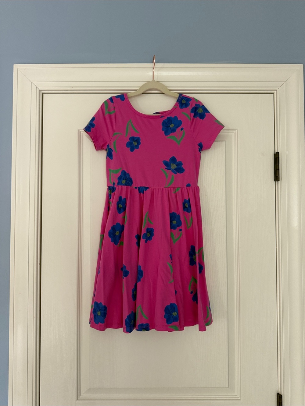 Tea Collection Hot Pink Floral Short Sleeve Dress with Blue Flowers